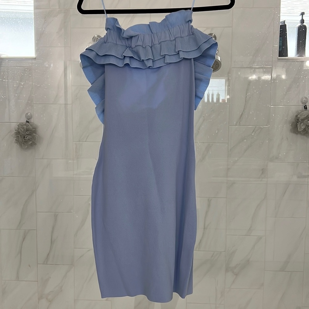 Blue ruffle off the shoulder dress